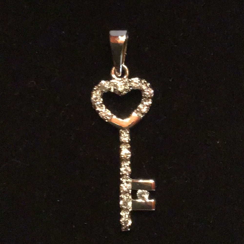 New Dainty Sterling Silver Key pendant, clear CZS, rhodium plated